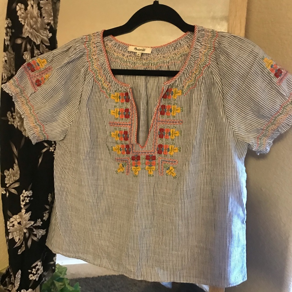 Madewell • Striped Blouse w/ Floral Embroidery